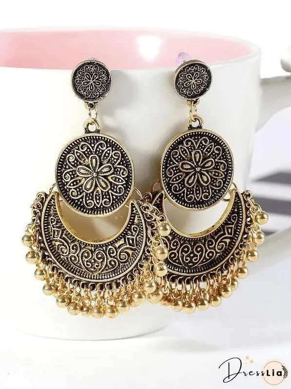 3 Colors Bohemian Indian Antique Moon Shape Carved Flower Tassels Earrings