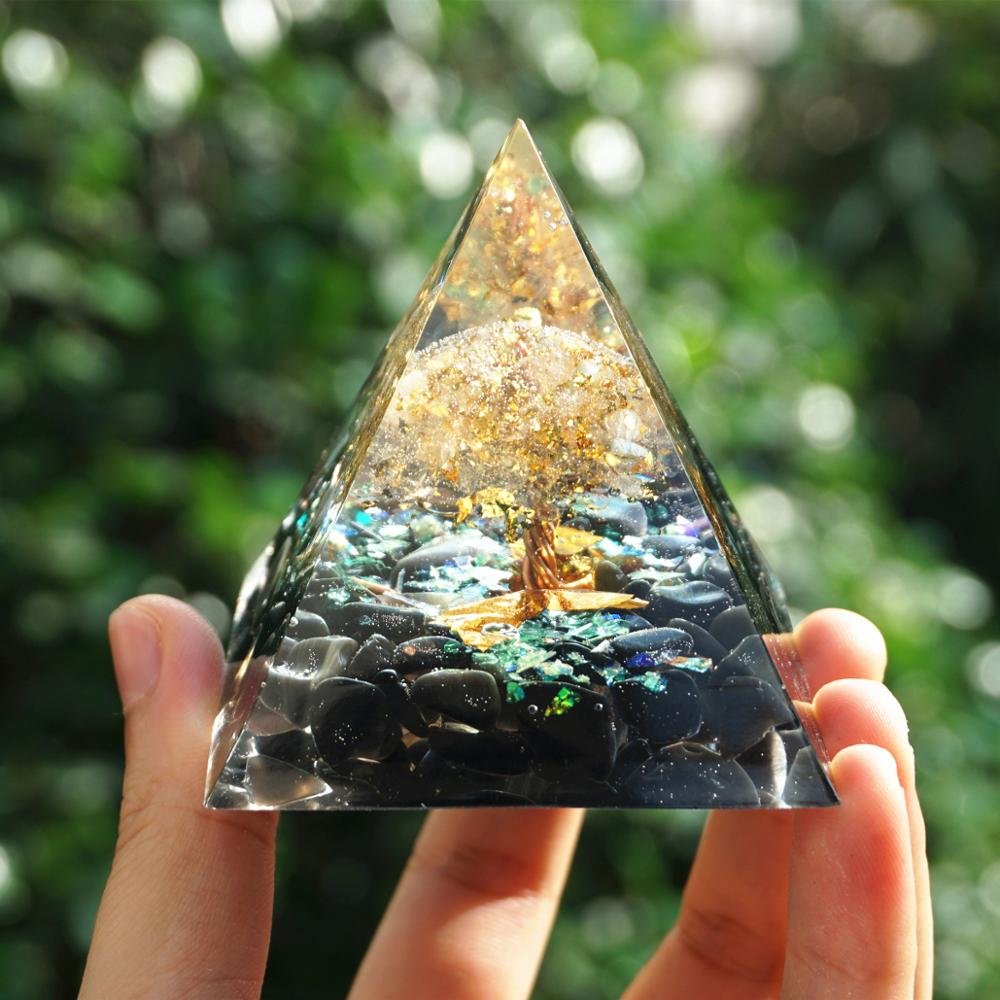 White Quartz Obsidian Tree Of Life Pyramid