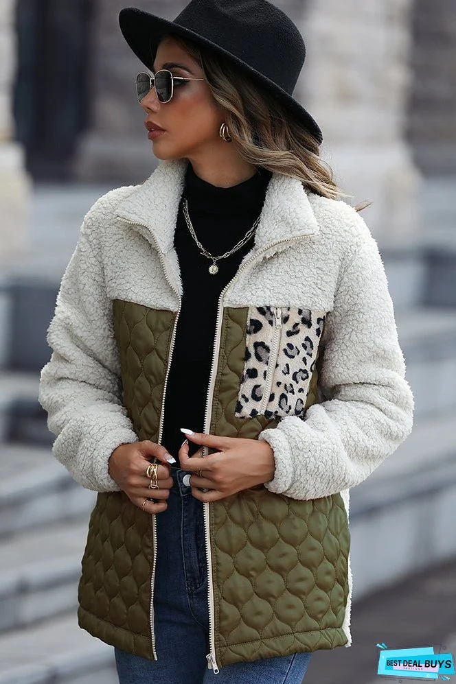 Color Block Leopard Patchwork Zipper Fleece Coat