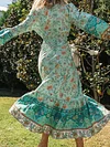 Floral-Print Long Sleeve Belted Bohemia Maxi Dress