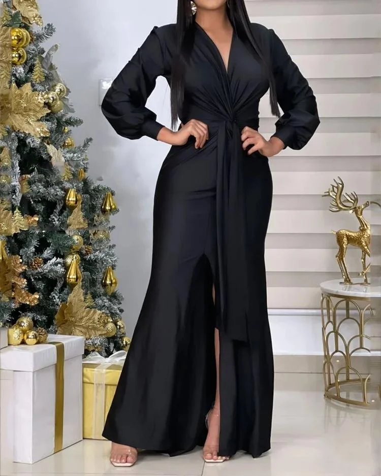 Fashion Solid Color V Neck Slit Dress