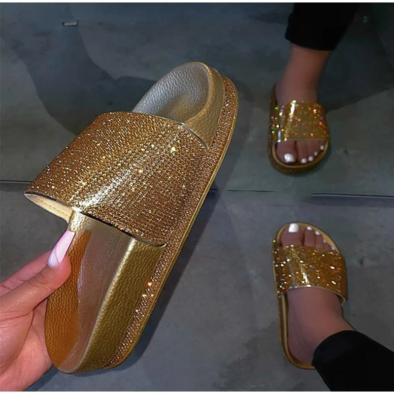Woman Bling Slippers Flatform Summer Women Crystal Slipper Glitter Flat Outdoor Ladies Slides Beach Shoes Female Fashion New