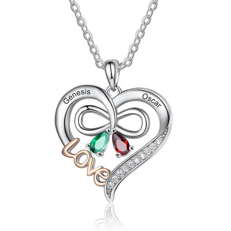 Gravur 2 Name LOVE Herz Infinity Halskette mit 2 Geburtssteinen