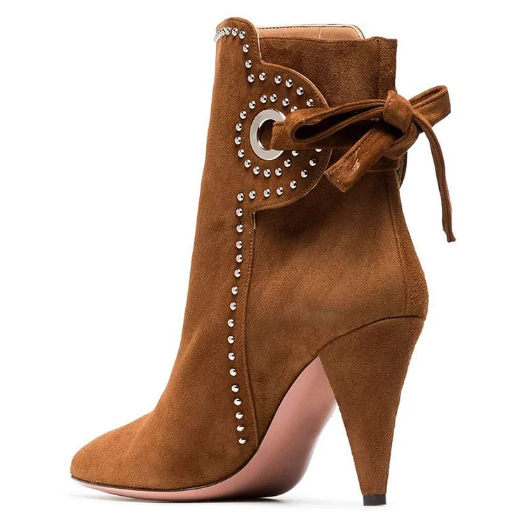 Brown Suede Cone Heel Ankle Booties with Back Lace-Up Vdcoo