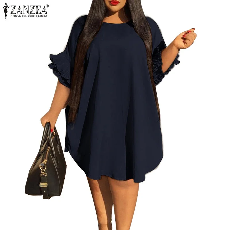 ZANZEA Solid Flare Sleeve Robe Women Elegant Ruffle Vestido 2021 Fashion Casual Baggy Dresses Oversize Summer Fashion Knee Dress
