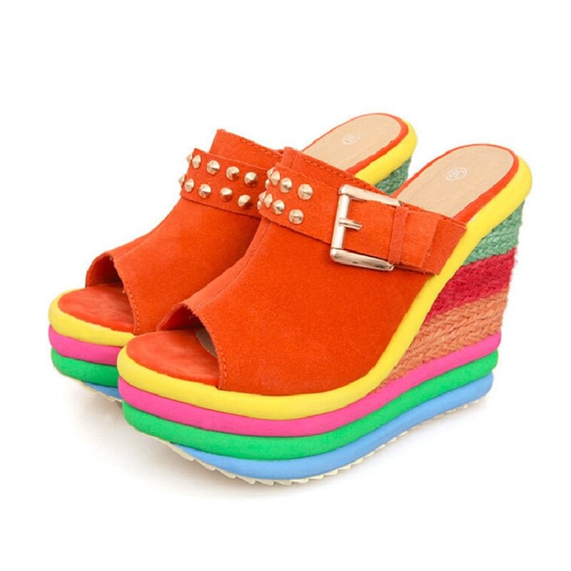 2020 New Summer Sexy Bohemia Casual Rainbow Peep Toe Platform Sandals For Womens Wedges Sandalias Plataforma Shoes High Y5263