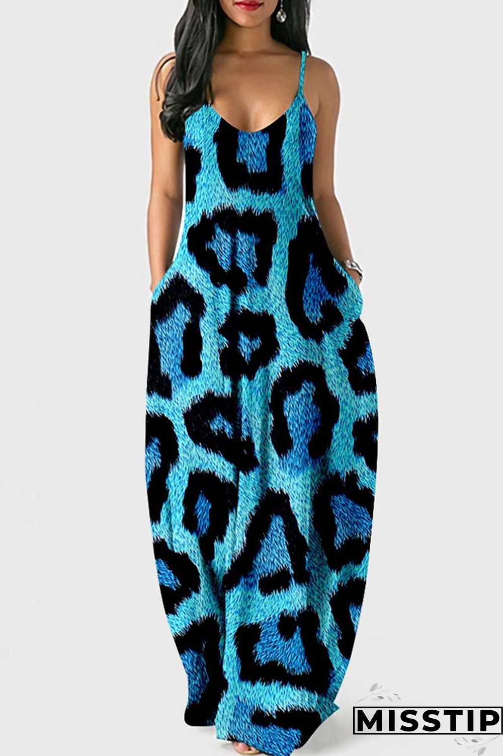 Blue Sexy Casual Print Leopard Backless Spaghetti Strap Long Dress Dresses