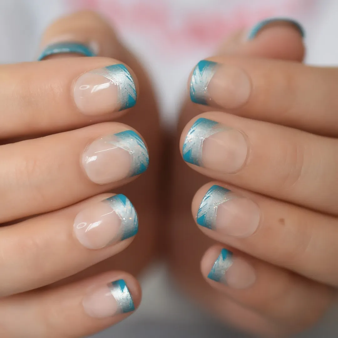 Iridescent White Instant French Nails Glitter Beveled Clear Short Square Fake Nail Art Tips Many Choice 24 Count 515-3-Nail Inspo