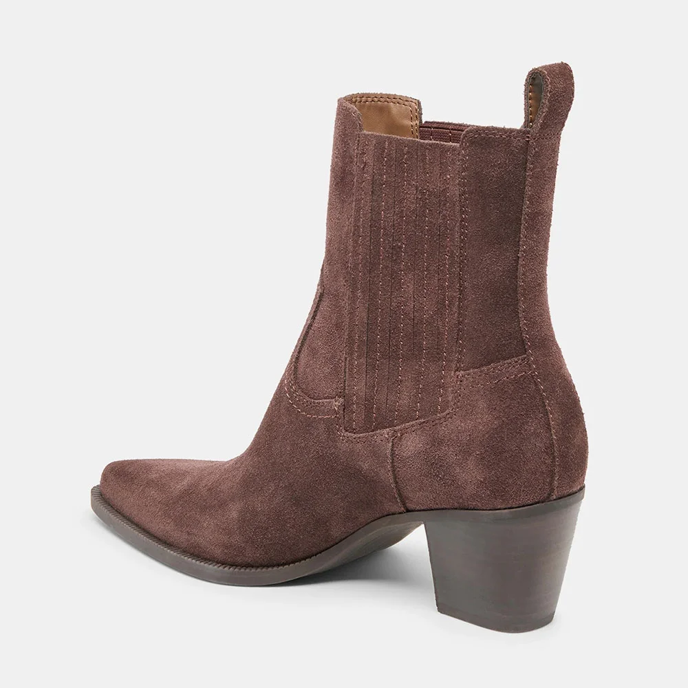 Women's Vegan Suede Pointed Toe Heeled Brown Ankle Cool Chelsea Boots