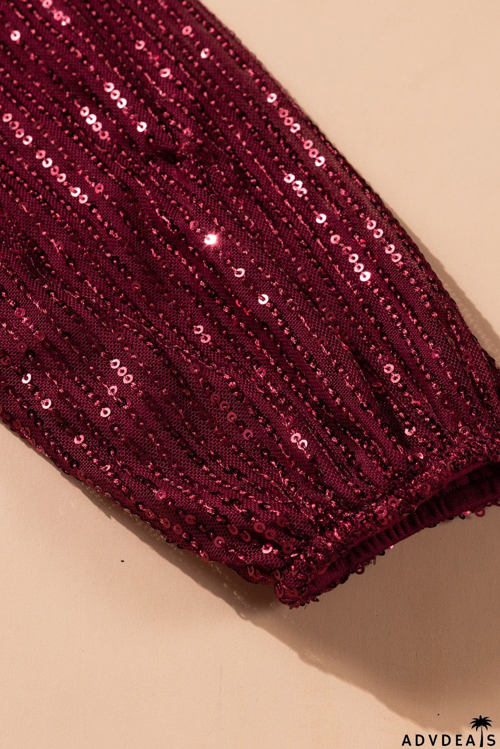 Wine Red Loose Long Sleeve Sequin Dress with Sash