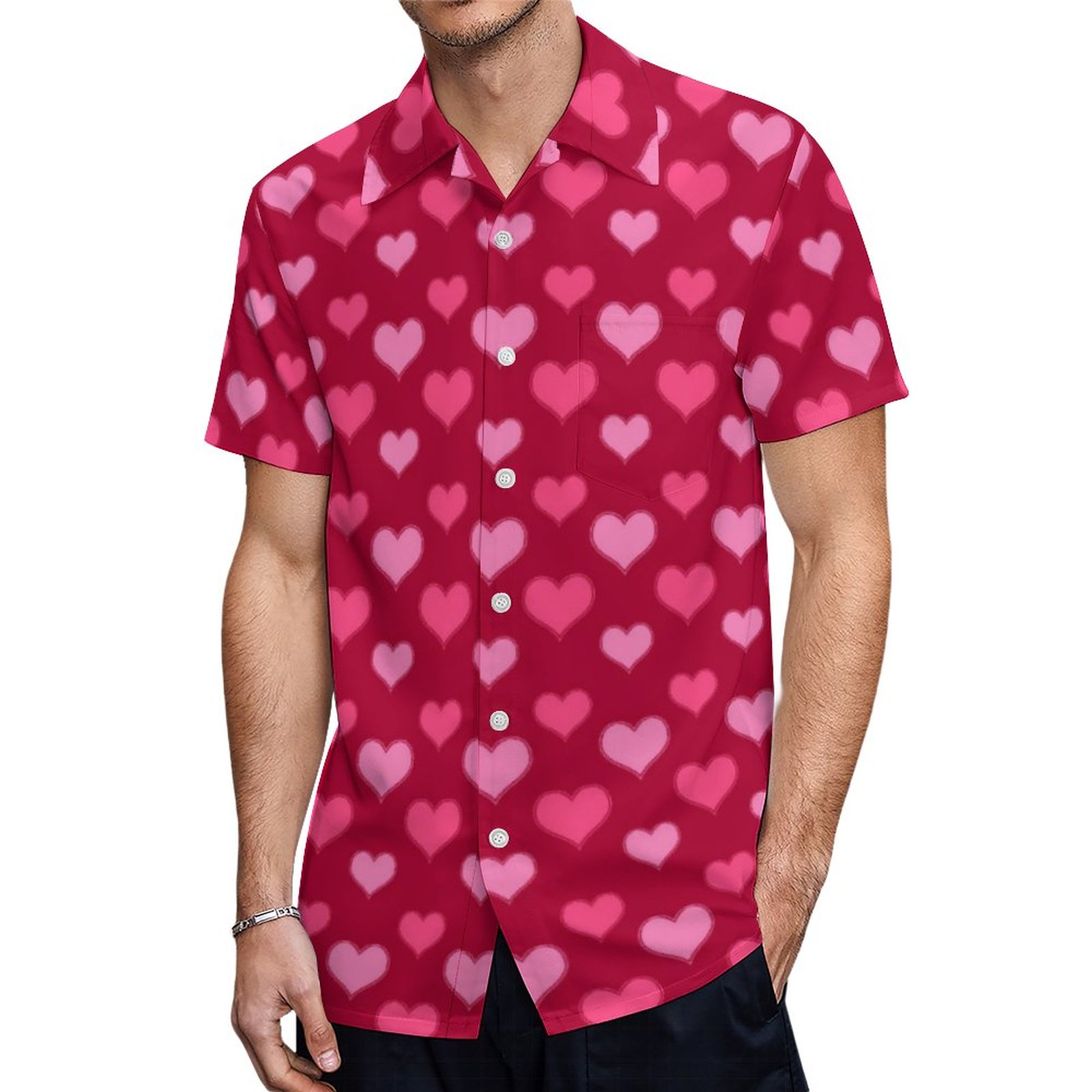 Valentines Day Hearts Pattern Red Pink Hawaiian Shirt Mens Button Down Plus Size Tropical Hawaii Beach Shirts