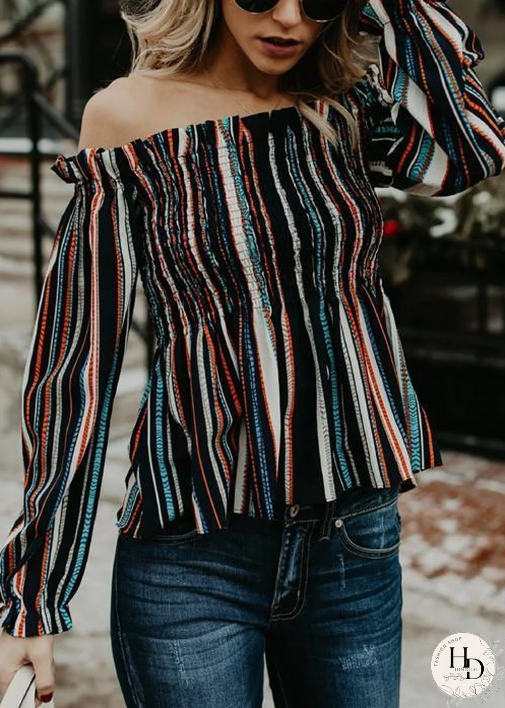 Fashion Casual Long Sleeve Off Shoulder Striped Blouse