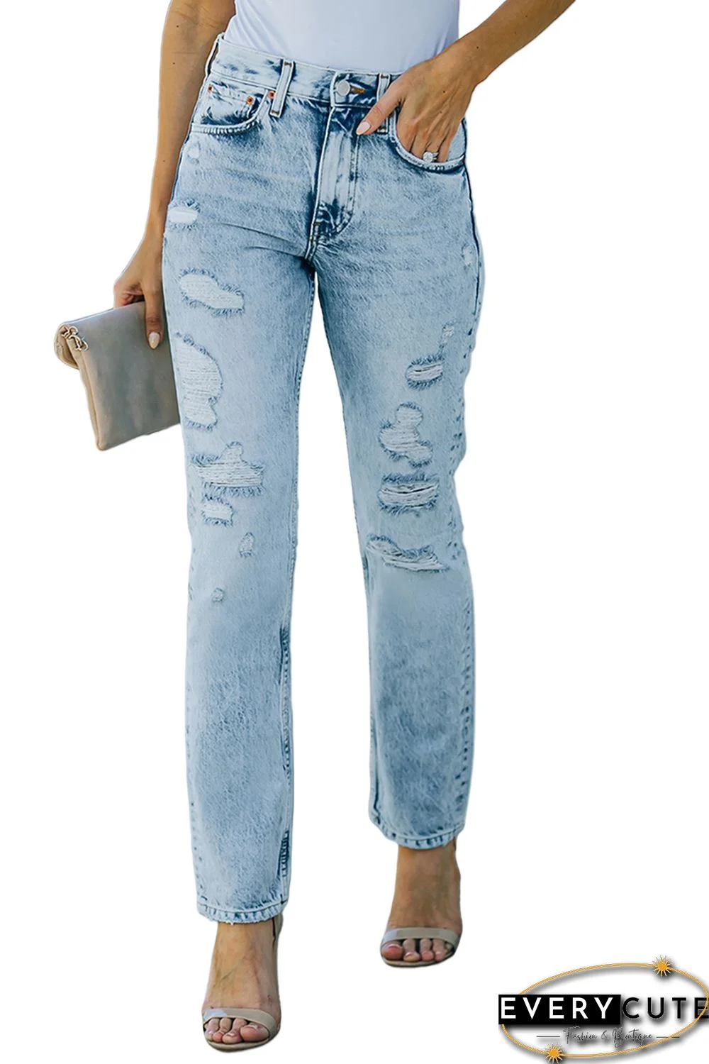 Sky Blue Light Wash Distressed Straight Jeans