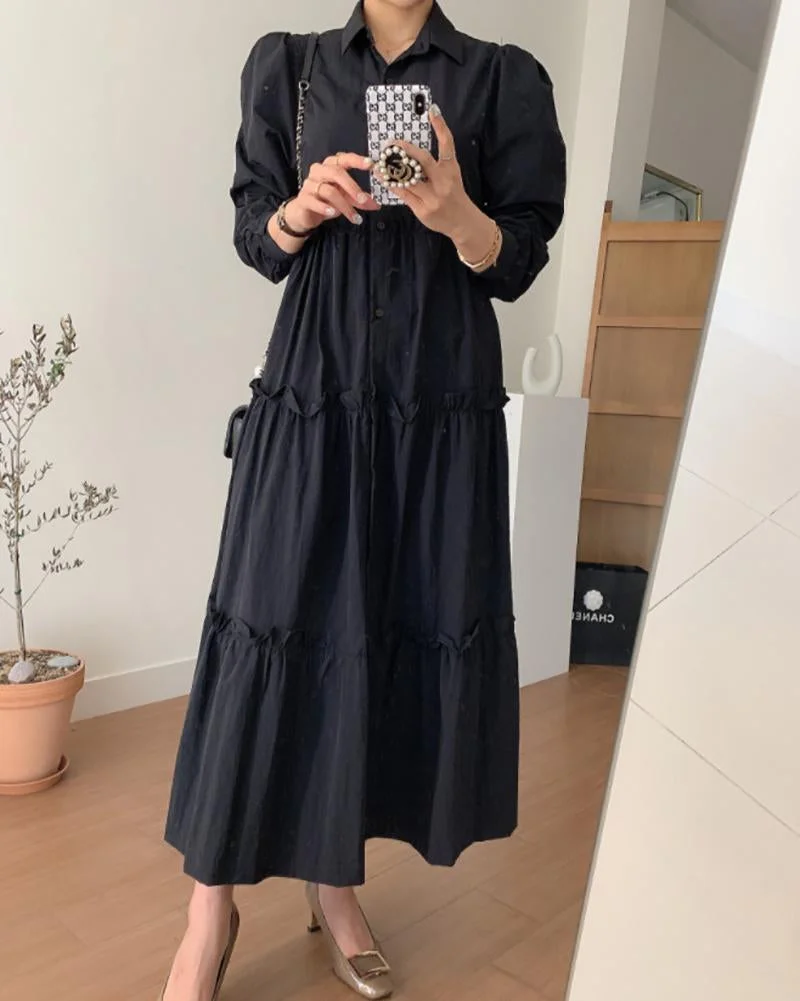 Solid color dress with lapel long sleeves