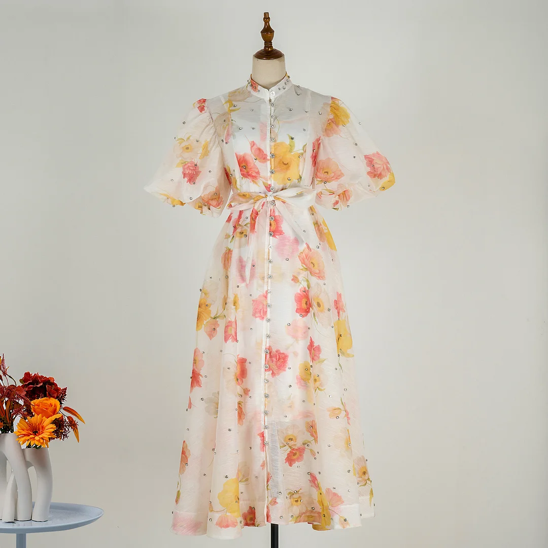 Nigikala Nigikala Court Style High Design Feeling Heavy Industry Nail Drill Short Sleeve Single Buckle Dress + Sling