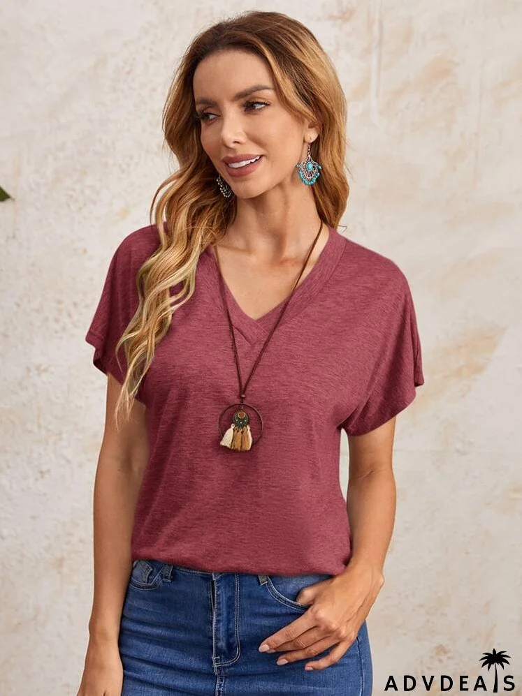 V-neck Batwing Sleeve Solid Tee