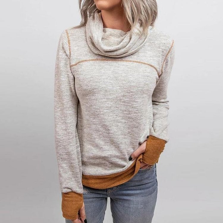 Chic Turtleneck Color Block Thumb-Hole Cuff Long Sleeve Top