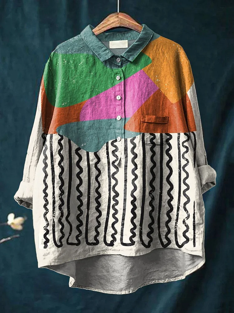 Vintage Geometric Wave Pattern Art Print Casual Cotton And Linen Shirt