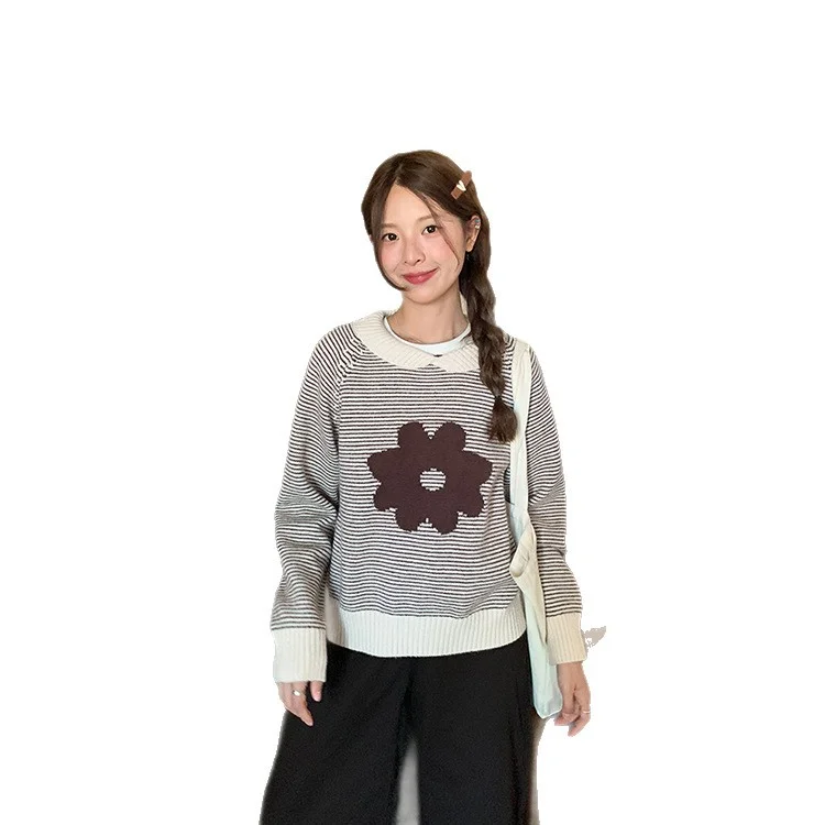 Athvotar Athvotar Autumn And Winter New Korean Casual Small Collar Striped Flower Sweater Women's Loose Long-Sleeved Knitting Top