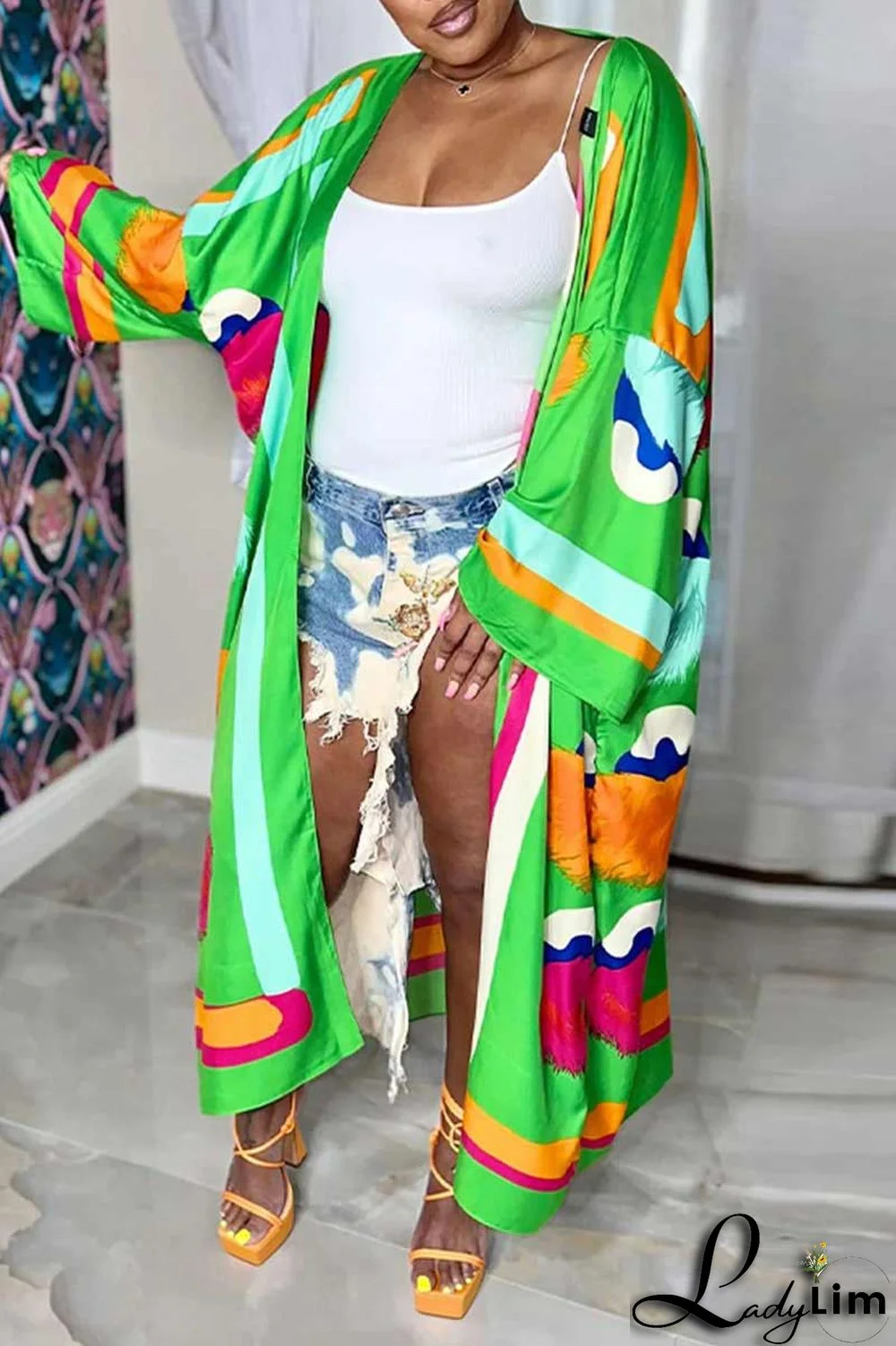 Yellow Fashion Casual Print Patchwork Outerwear(Without Belt)