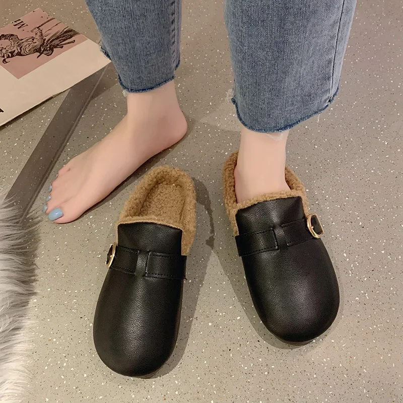 Tarewheels funky womens shoes Warm Mules Slippers Women Plush Thick Comfortable Indoor Solid Leather Cotton Shoes Fashion Belt Buckle Casual Slipper 2025