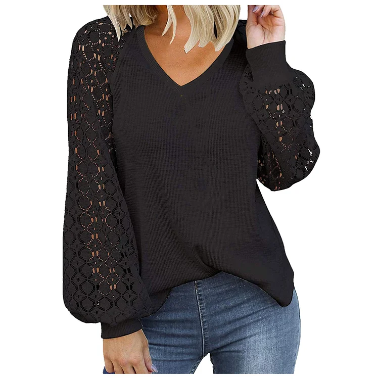 Women's V-neck long-sleeved lace patchwork loose top