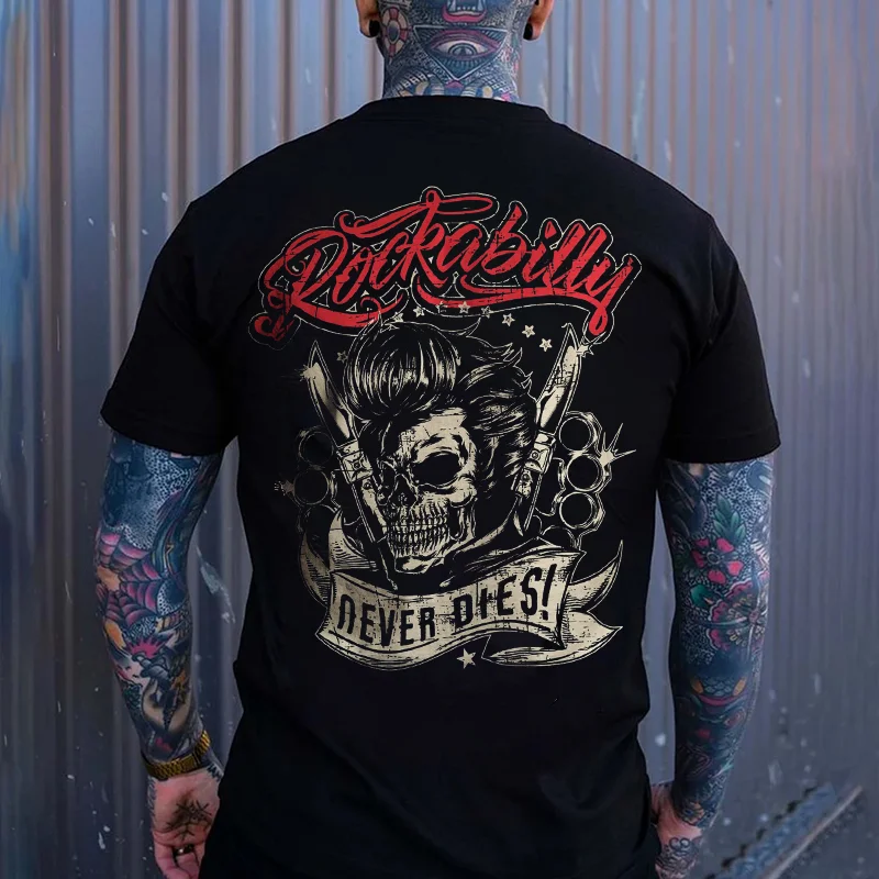 ROCKABILLY NEVER DIES Skull Print Men's T-shirt