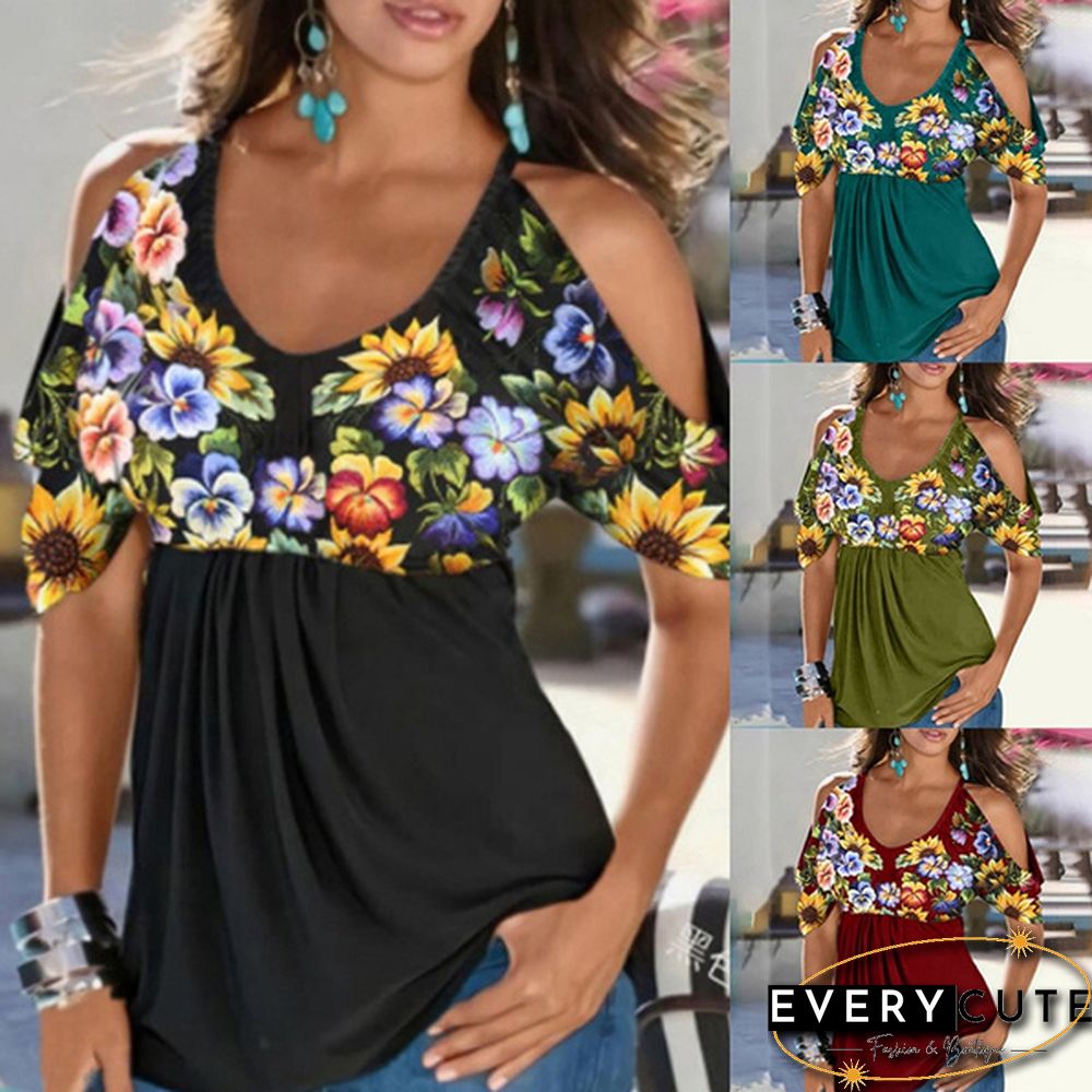 Fashion Summer Women Retro Flower Graphic Women Casual U-neck Tees Tops Loose Shoulder Blouse Short Bat Sleeve Tee Plus Size
