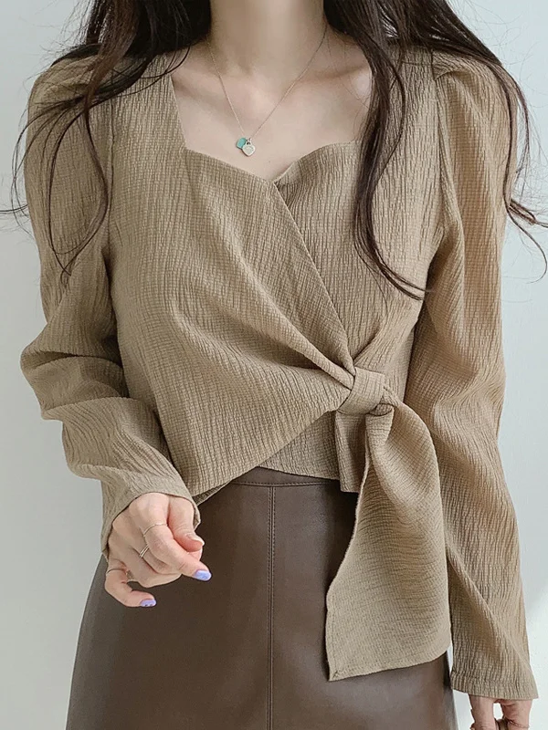 Original Solid Color Square-Neck Long Sleeves Tied Blouse