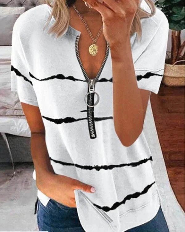 Women's Loose Short Sleeve Zip Print Striped T-Shirt
