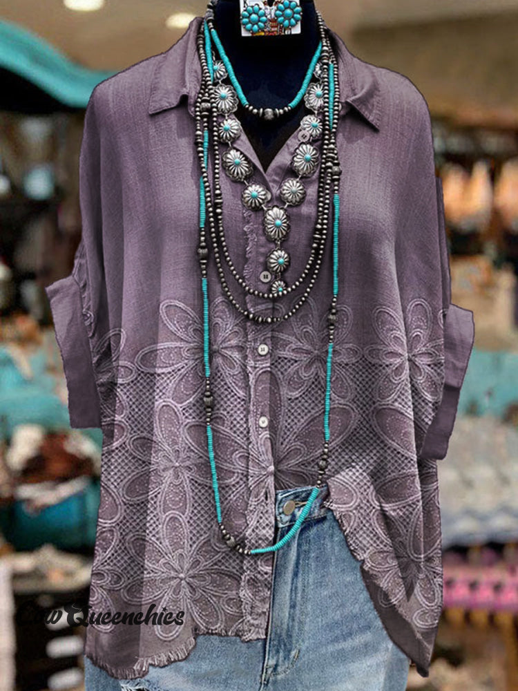 Women’s Vintage Floral Art Print 100% Cotton Batwing Sleeves Casual Raw Edge Button Shirt