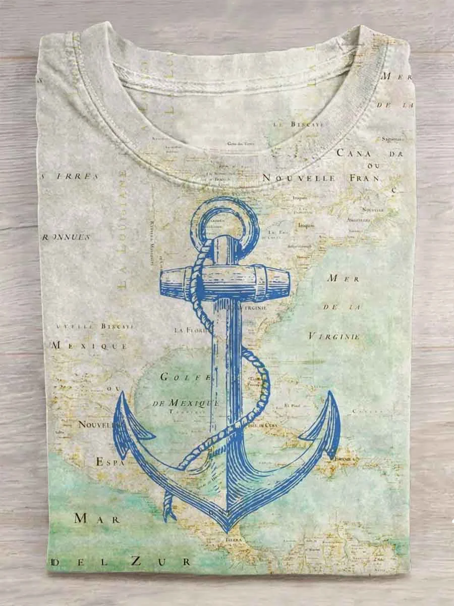 Eagerlys Unisex Anchor Nautical Map Abstract Print Design T-Shirt Eagerlys