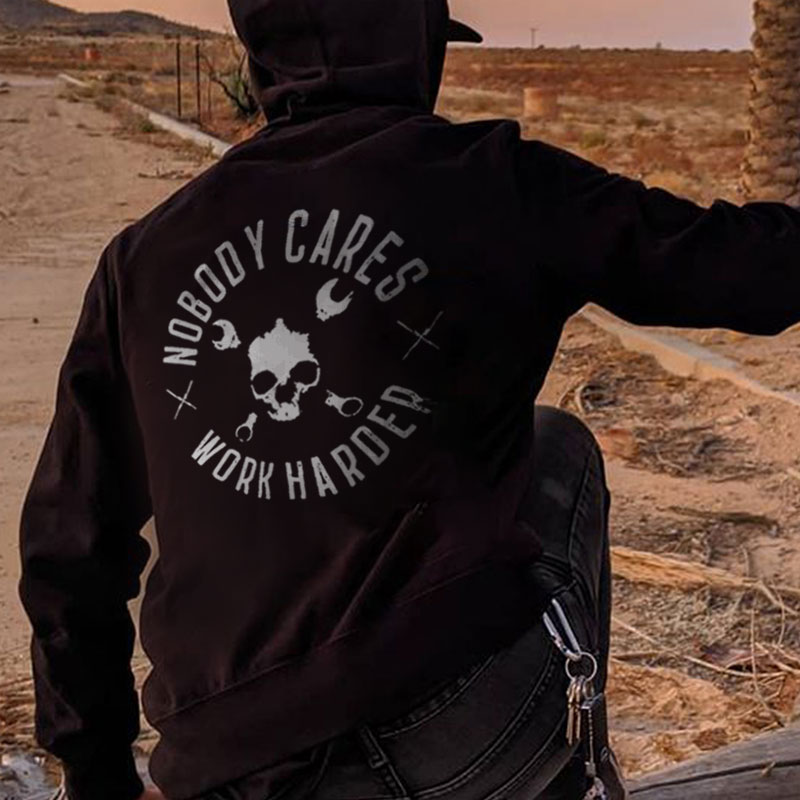 NOBODY CARES, WORK HARDER Skull Black Print Hoodie