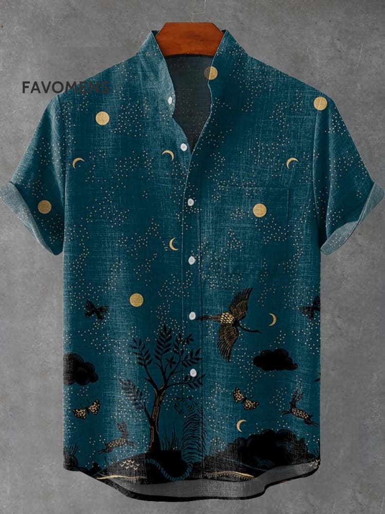 Moonlight Night Crane Rabbit Tiger Butterfly Art Print Casual 100% Cotton Shirt Multicolor / S