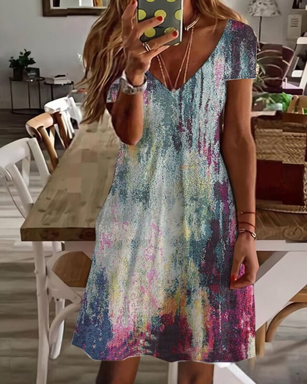 Vacation V Neck Short Sleeve Knit Dress