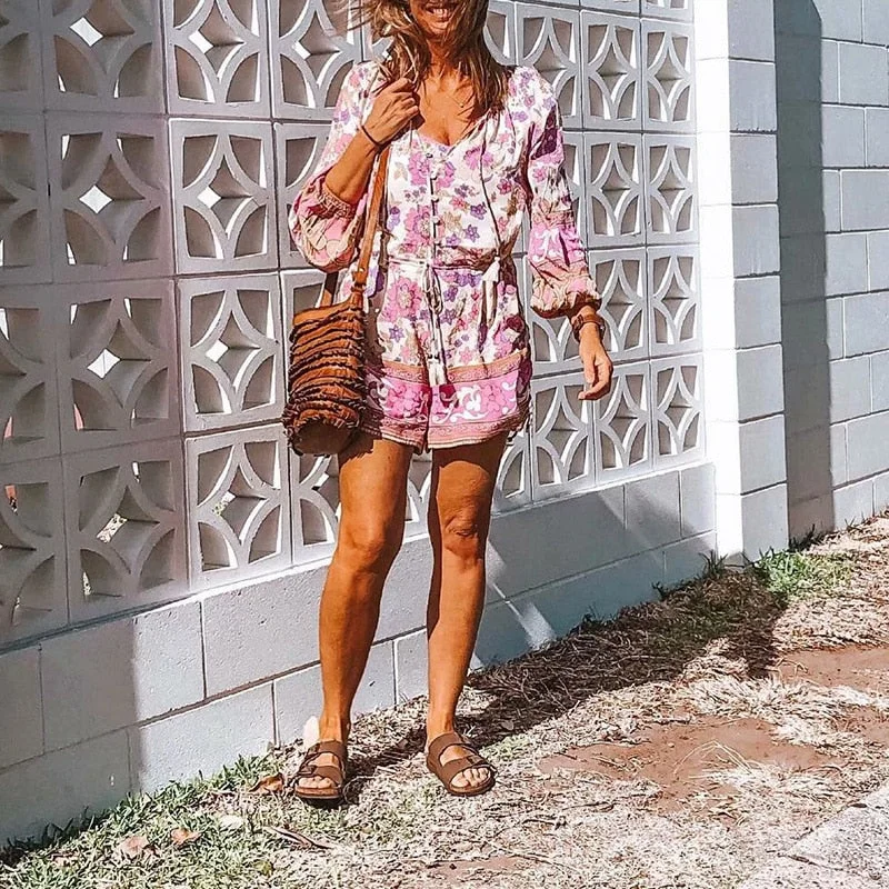 Fitshinling Button Up Bohemian Short Jumpsuits For Women Print Floral Vintage Slim Sexy Romper Holiday Drawstring Playsuits 2021