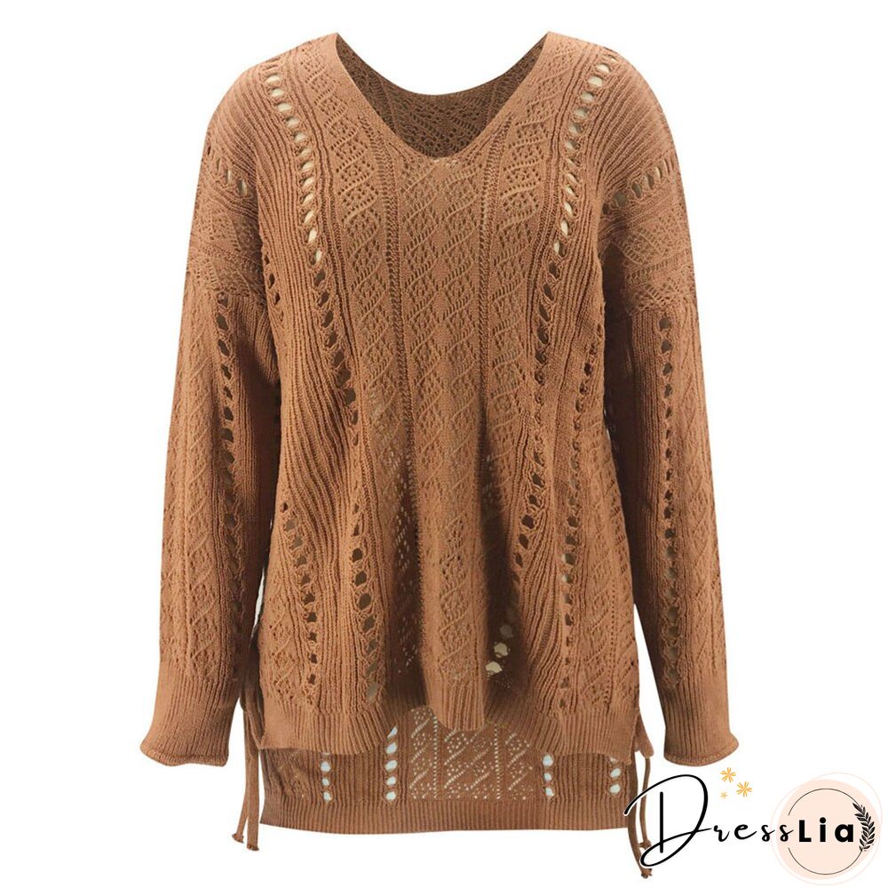 Women Winter V-Neck Sweaters Vintage Hollow Out Pullovers Sweater Ladies Solid Colour Hollow Out Pull Femme jersey mujer D30
