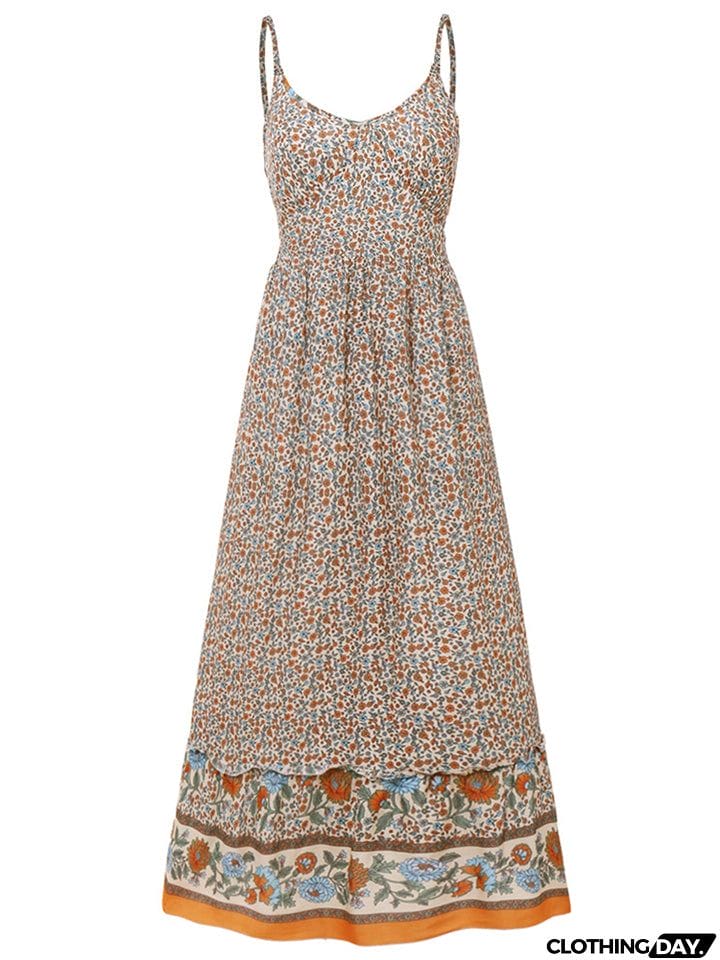 All-Over Floral Print Fitted Waist Pullover Pleated Detailing Spaghetti Strap Dress