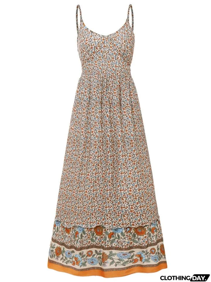 All-Over Floral Print Fitted Waist Pullover Pleated Detailing Spaghetti Strap Dress