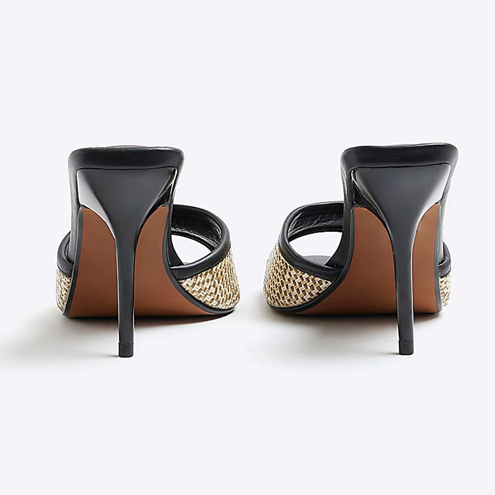 Black & Beige Raffia Peep Toe Stiletto Heel Slide Shoes for Women