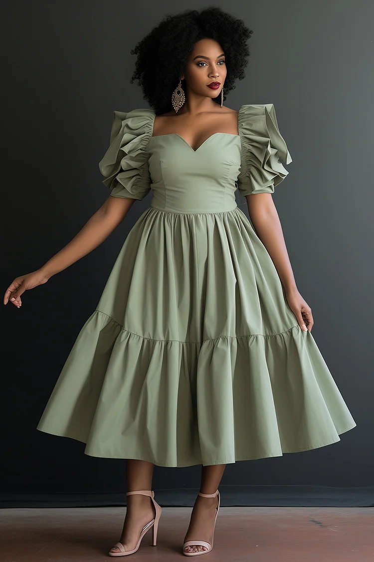 Xpluswear Design Plus Size Vacation Sage Green Milkmaid Square Neck Puff Sleeve Short Sleeve Midi Dresses [Pre-Order] 2024 - Xpluswear