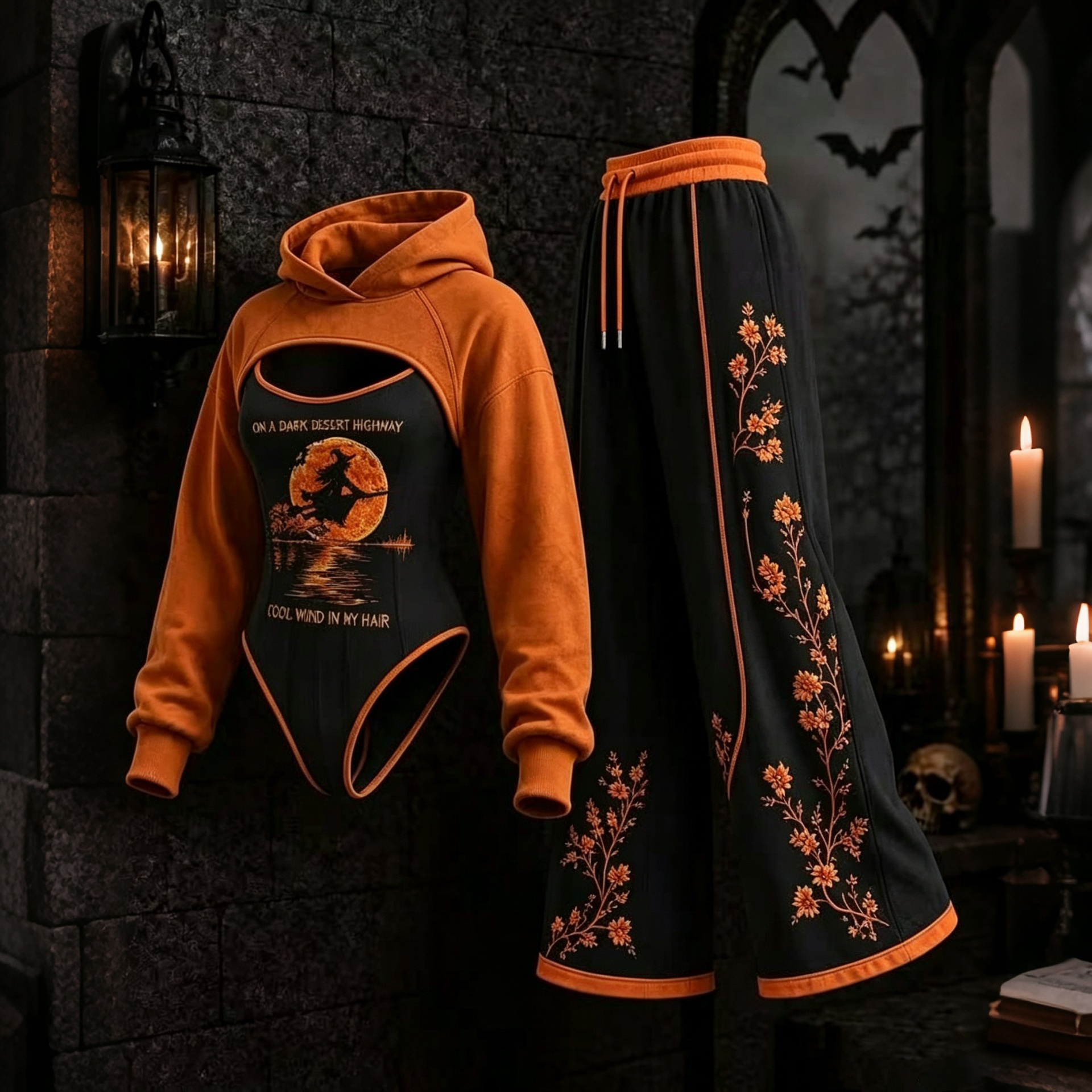 Women's Halloween Witch Floral Color-blocked Hoodie Three-piece Set artswardrobe