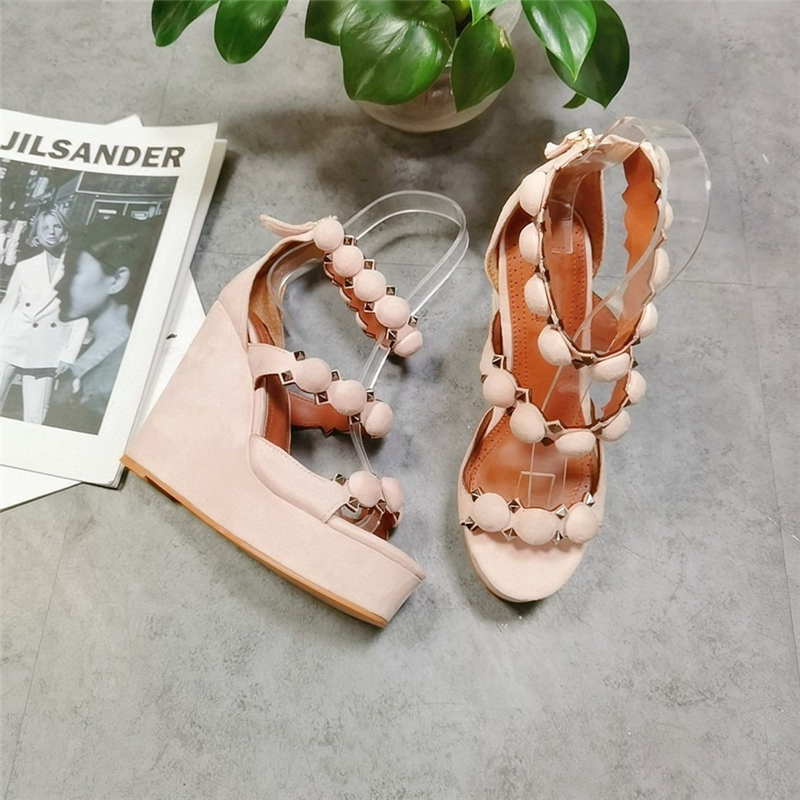 VCSHOES High Platform Wedges Suede Sandals For Girls Women Back Zip Rivet Ball Decor Fretwork Sandalias Mujer