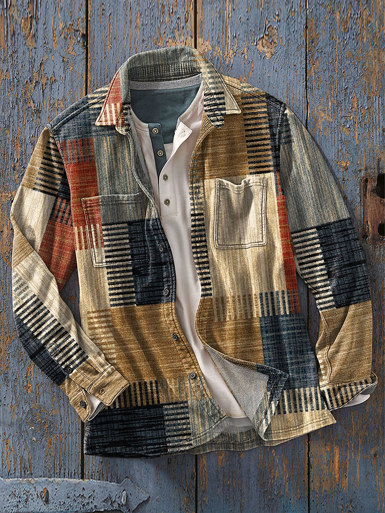 Comstylish Men's Vintage Retro Abstract Art Print Casual Long Sleeve Shirts Jacket