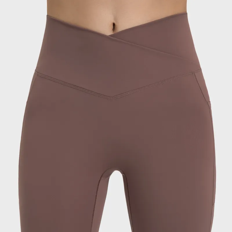 Hergymclothing Smoky Brown no front seam high waist criss cross capri leggings with side pockets for sale