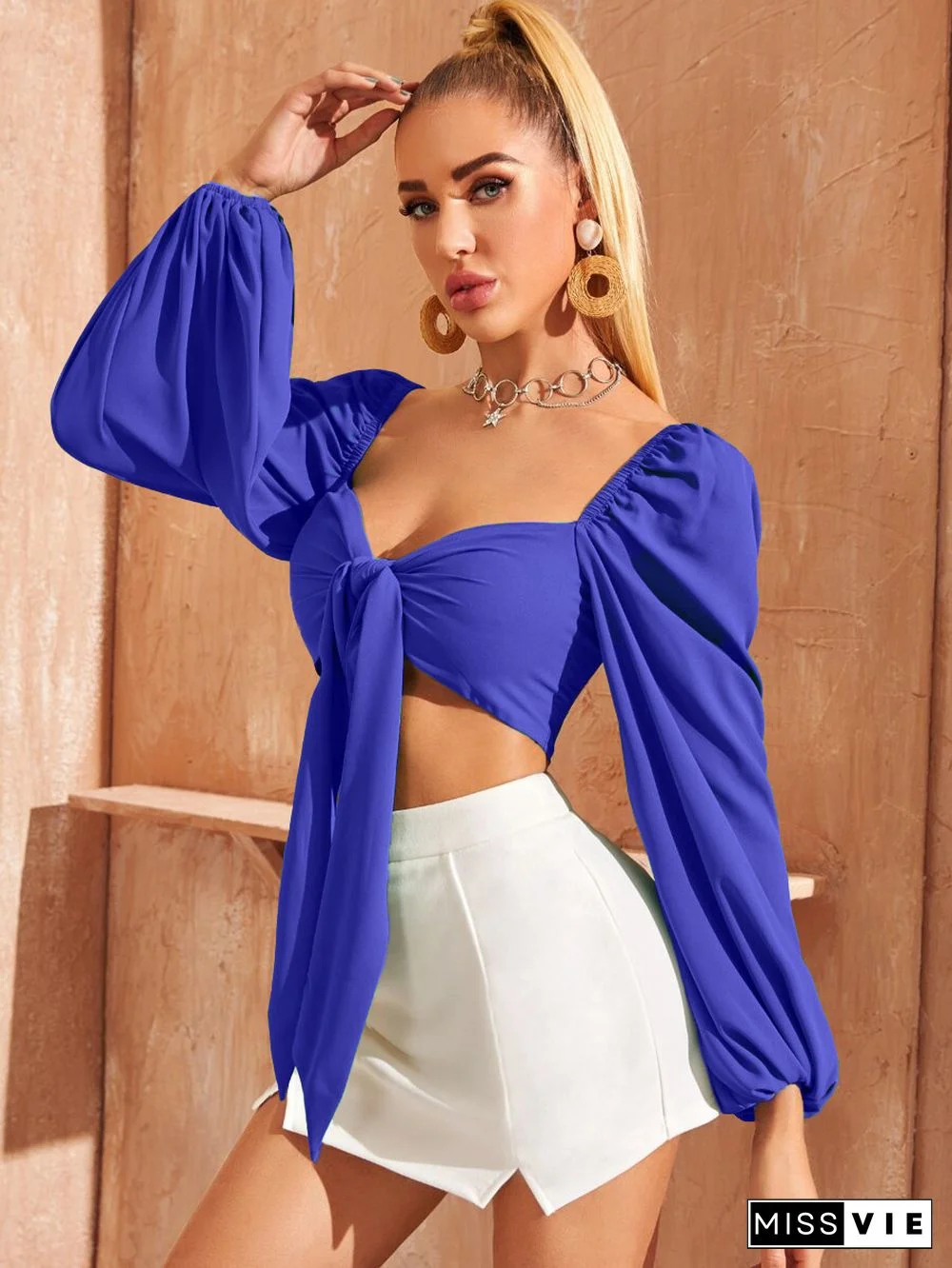 Solid Puff Long Sleeve Lace Up Shirts Crop Tops