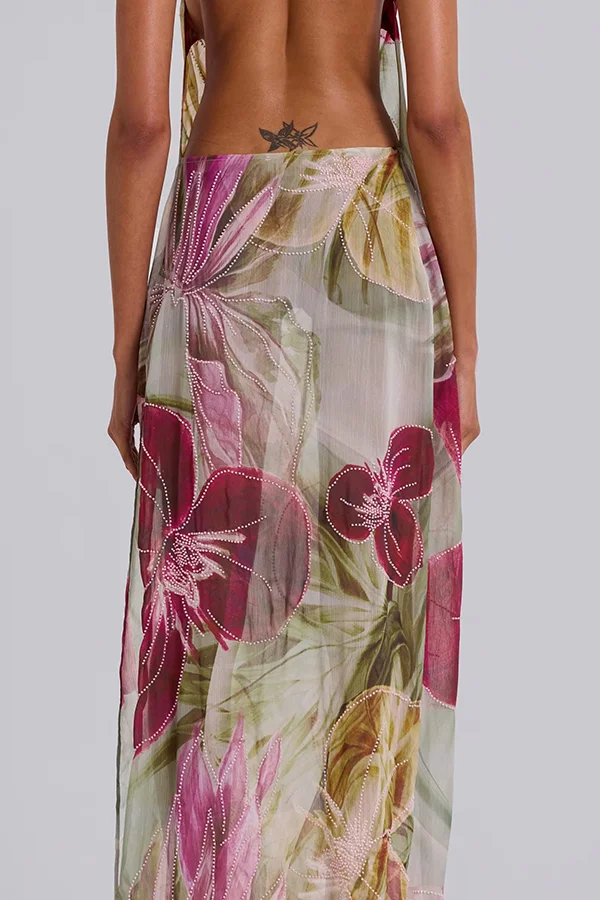 Floral Print Sexy Backless Slit See-Through Holiday Maxi Dress