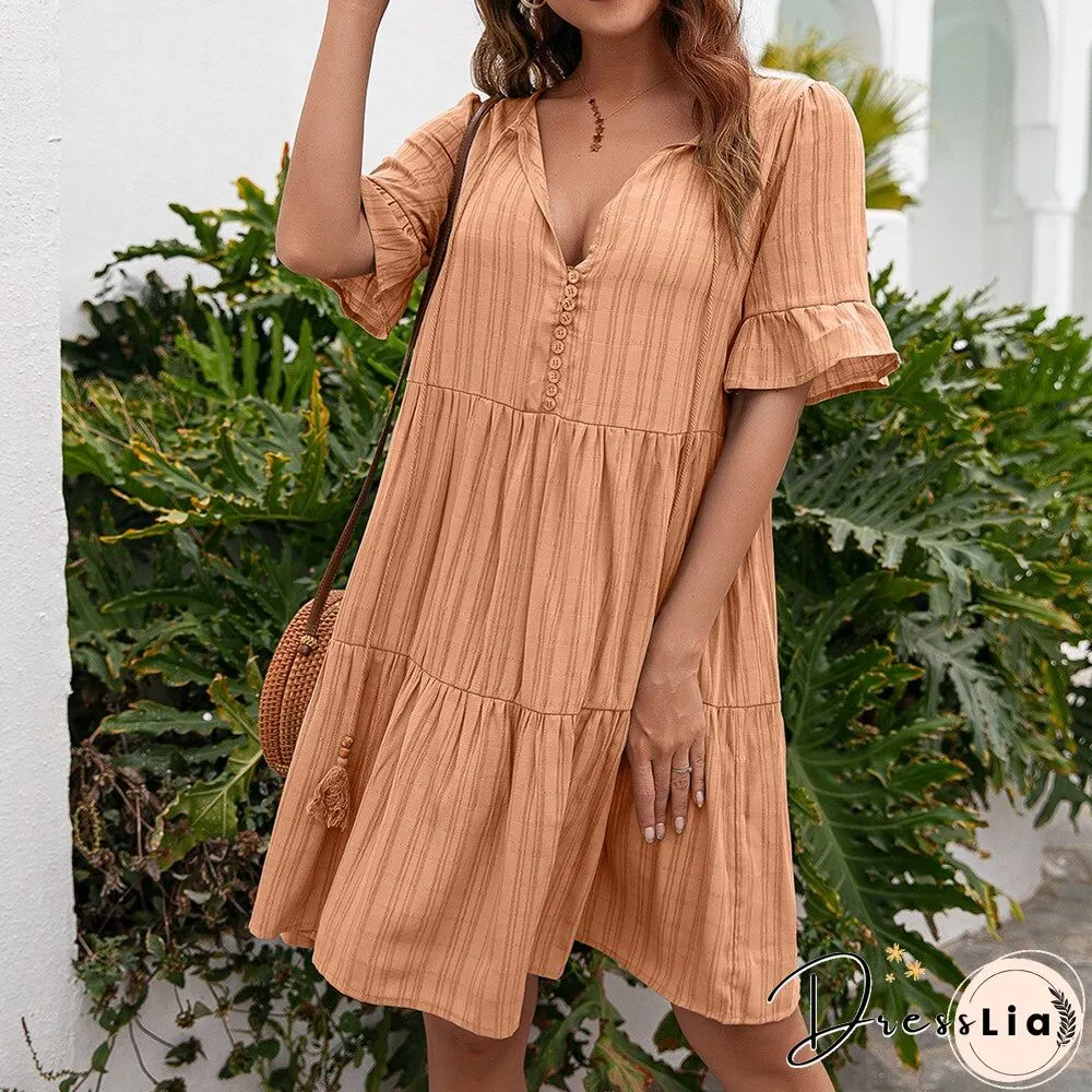 Summer Womens Short Sleeve Dress-Fashion Casual V-Neck Solid Tassel Butterfly Loose Mini