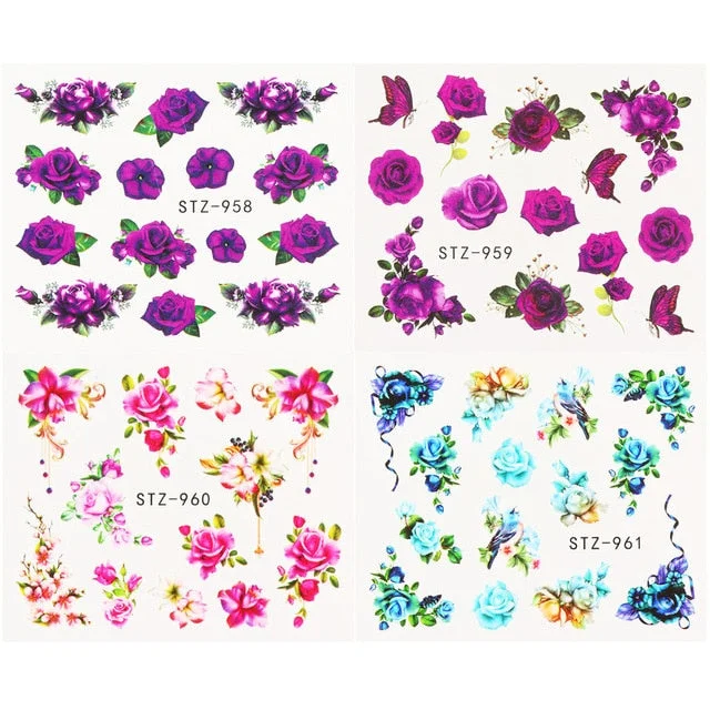 Nail Stickers Water Transfer Spring Summer Multiple Colors Flowers Designs 4Pcs/Set Nail Decal Decoration Tips For Beauty Salons-Nail Inspo