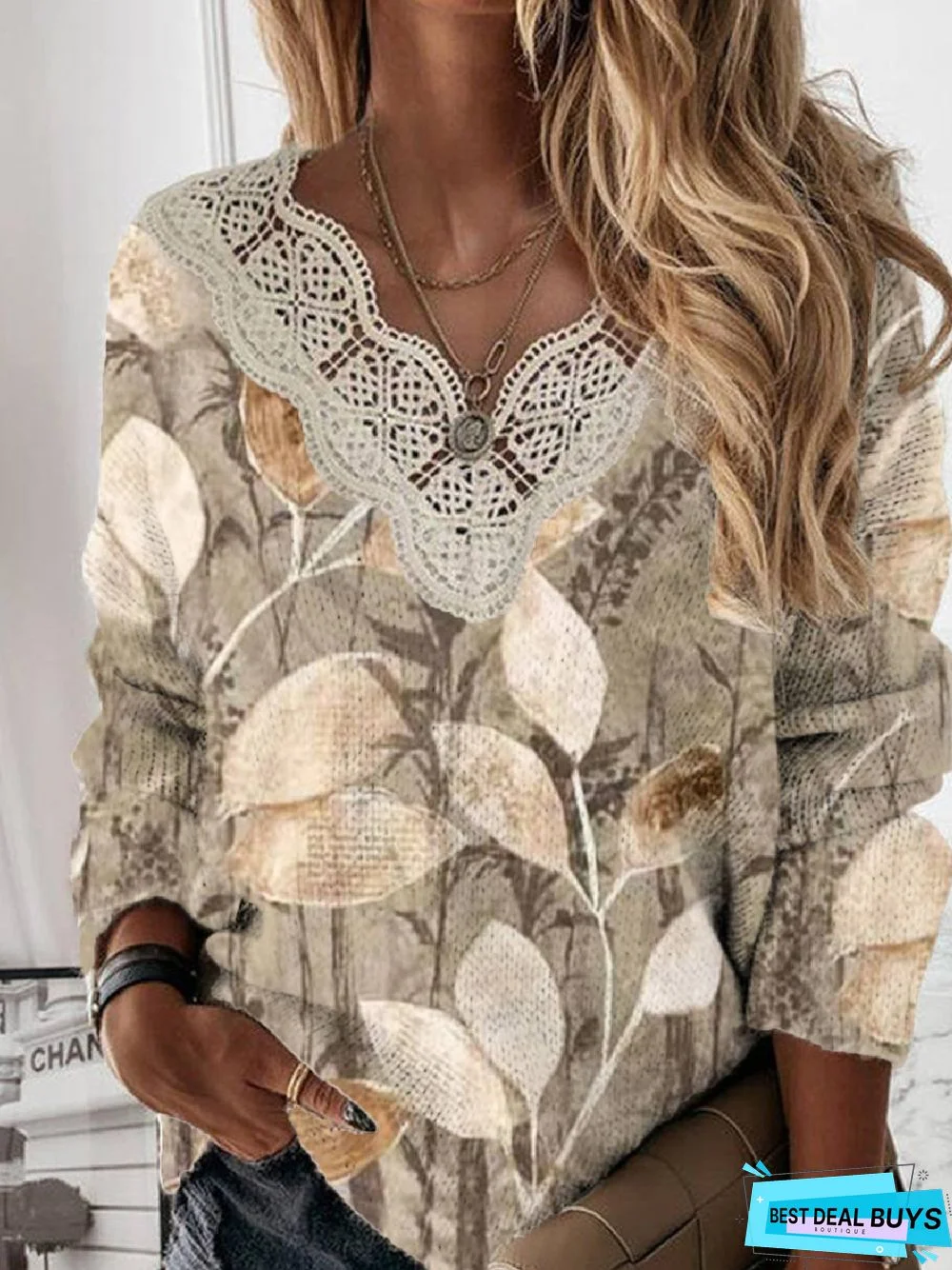 Casual Leaves V Neck Top